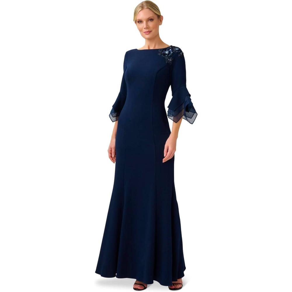 image:imageAdrianna Papell Womens Embellished Knit Crepe GownMidnight