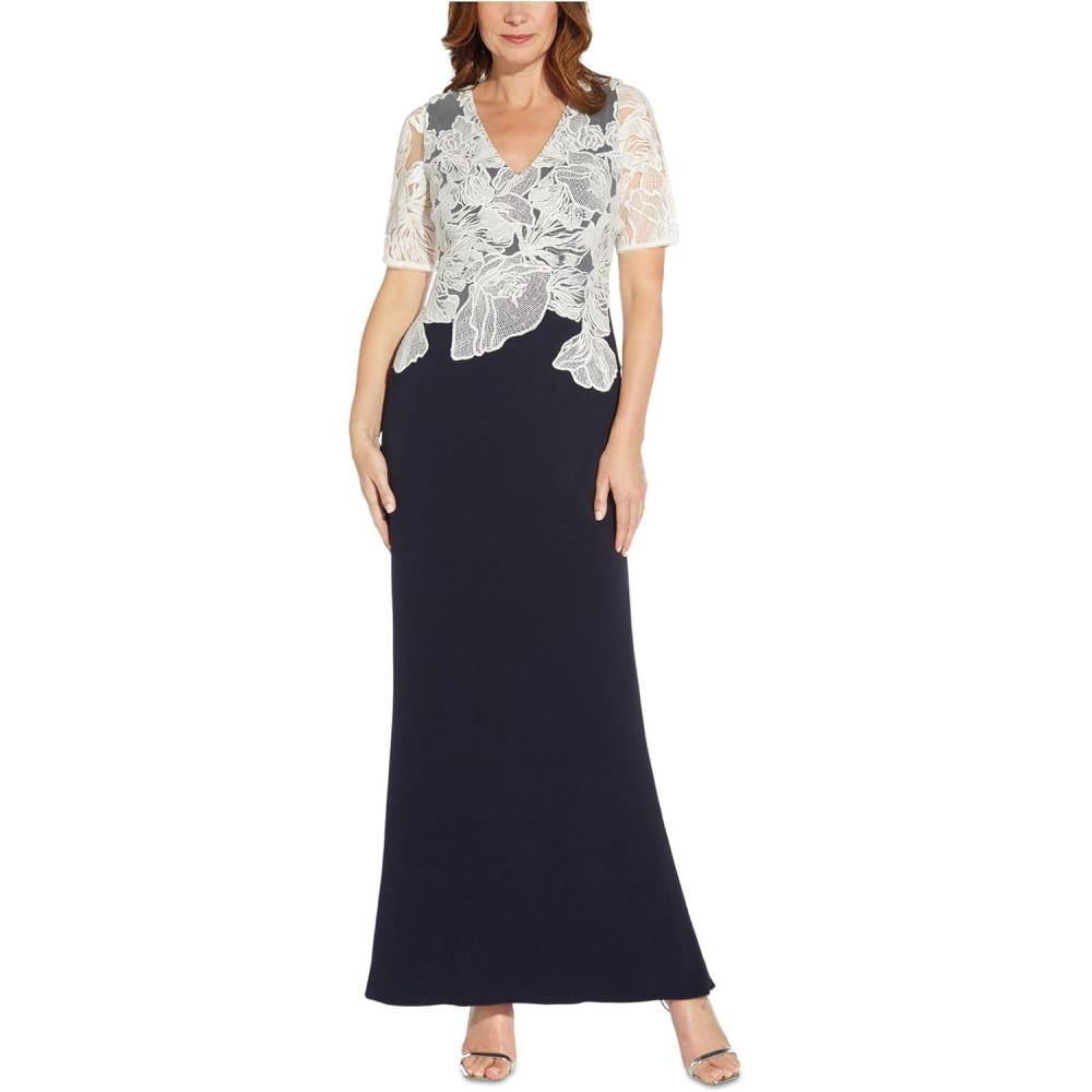 image:imageAdrianna Papell Womens Embroidered Crepe GownMidnightIvory