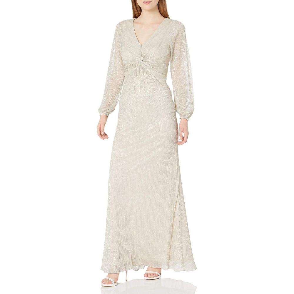 image:imageAdrianna Papell Womens Glitter Knit Draped GownLight Champagne