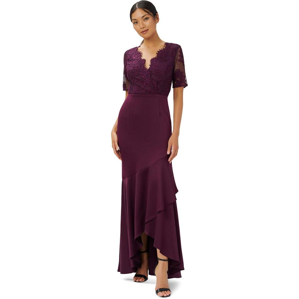 image:imageAdrianna Papell Womens Lace Satin Crepe GownBordeaux