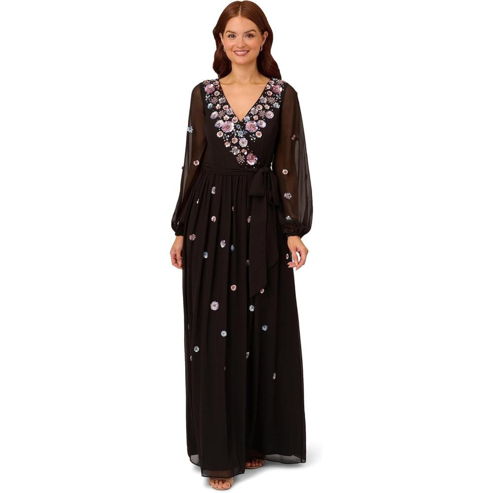 image:imageAdrianna Papell womens Plussize 34 Sleeve Beaded Illusion Gown With Sweetheart NecklineBlack Multi
