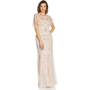 Adrianna Papell Women’s Beaded Flutter Sleeve Gown(Flaxen)