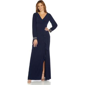Adrianna Papell Womens Draped Jersey Beaded Gown(Midnight)
