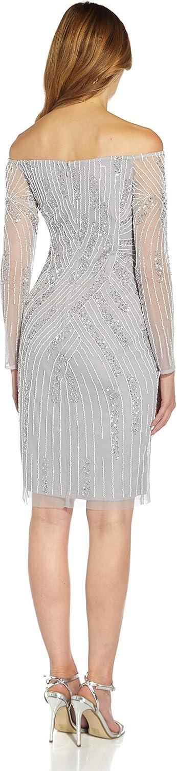 image:imageAdrianna Papell Womens Off Shoulder Beaded DressSilver Mist