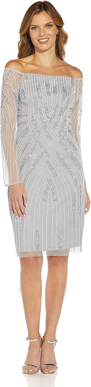 image:imageAdrianna Papell Womens Off Shoulder Beaded DressSilver Mist