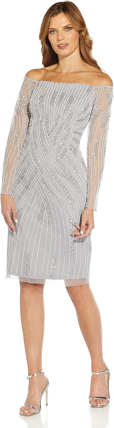 image:imageAdrianna Papell Womens Off Shoulder Beaded DressSilver Mist