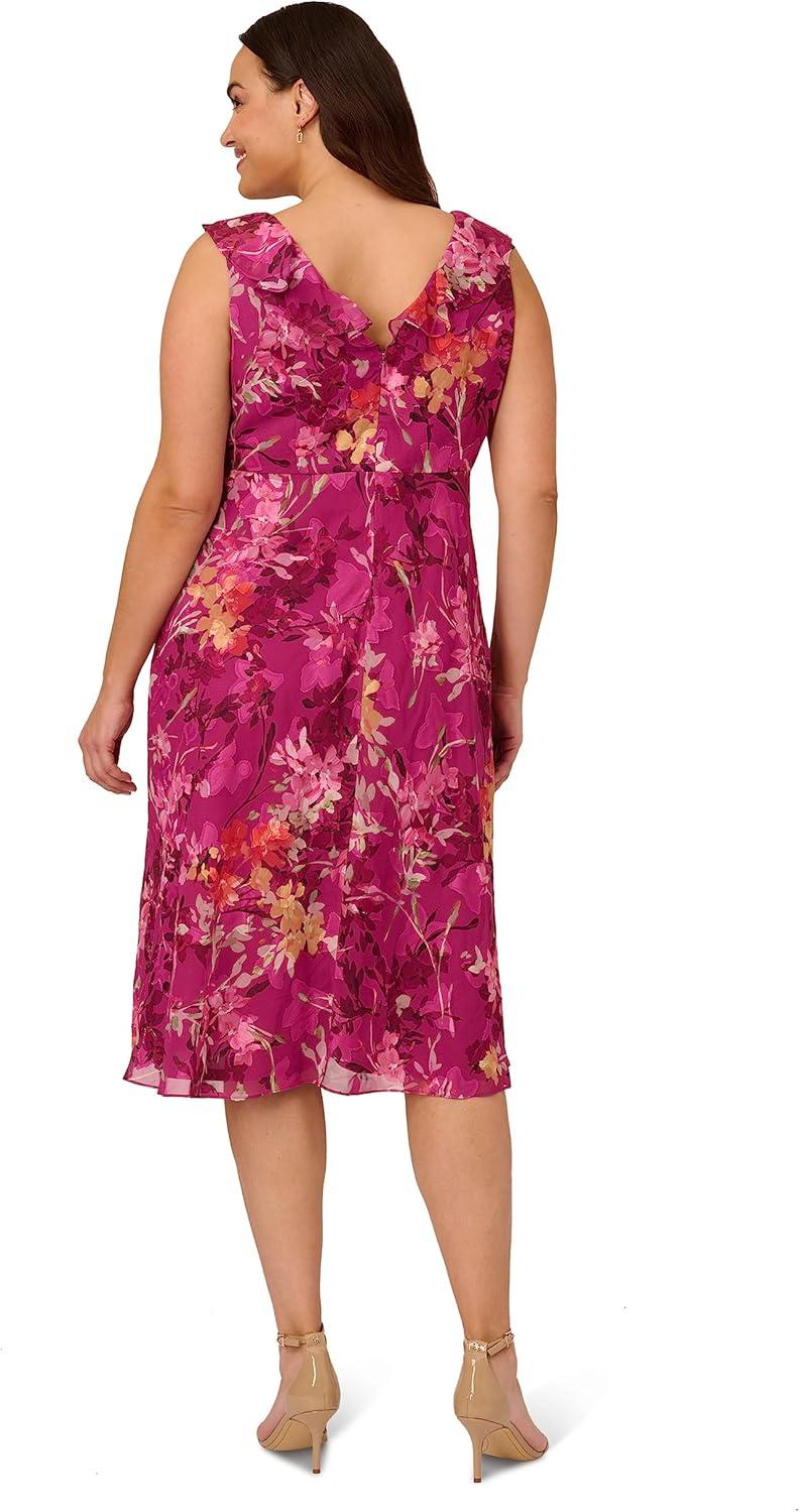 image:imageAdrianna Papell Womens Plus Size Ruffle Neckline BIAS Dress Raspberry Multi