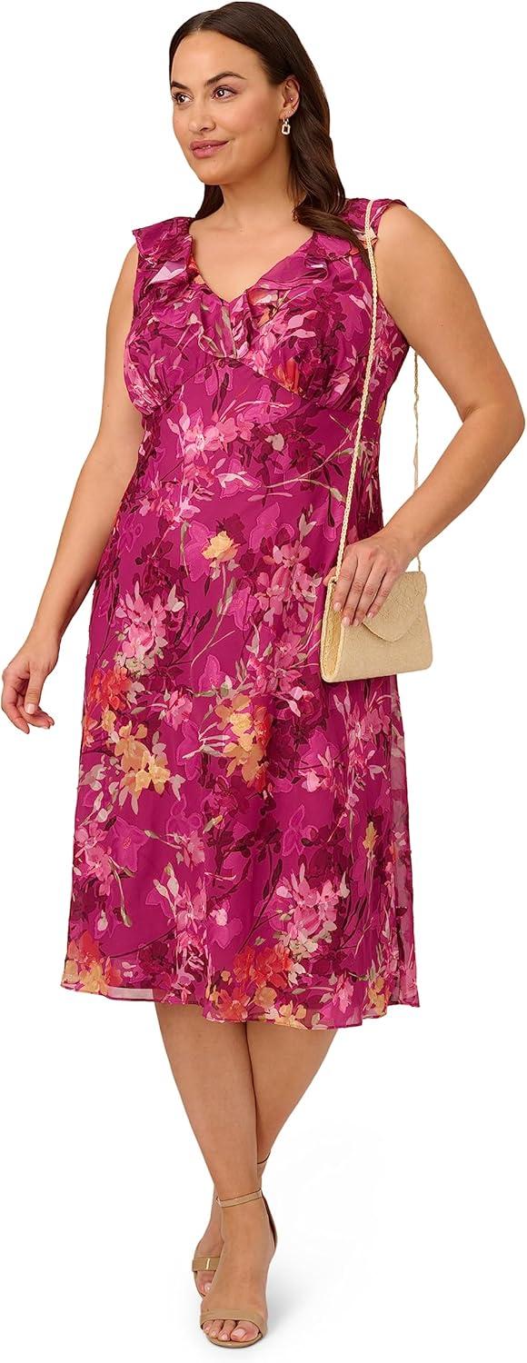 image:imageAdrianna Papell Womens Plus Size Ruffle Neckline BIAS Dress Raspberry Multi