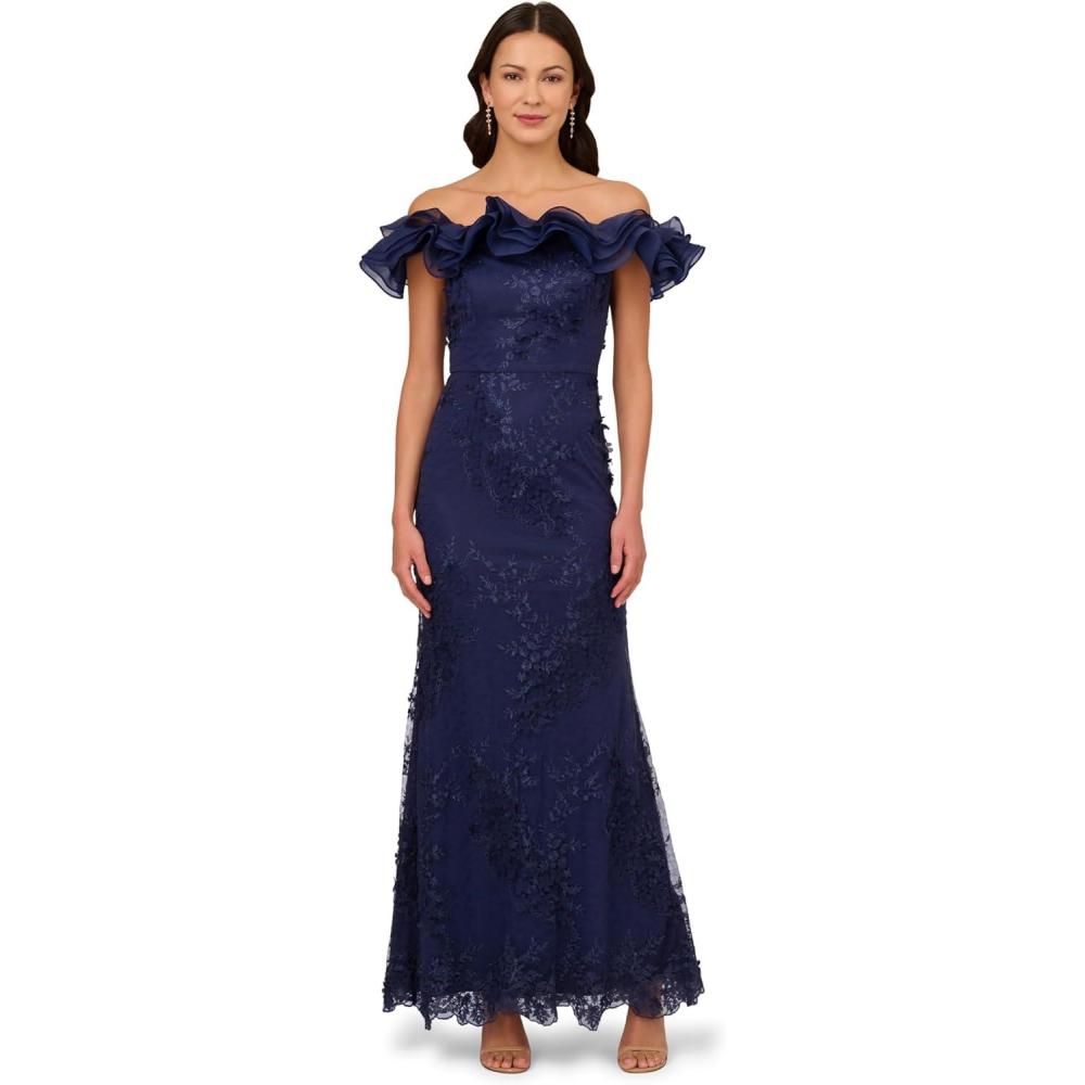 image:imageAdrianna Papell Womens Floral Ruffle GownLight Navy