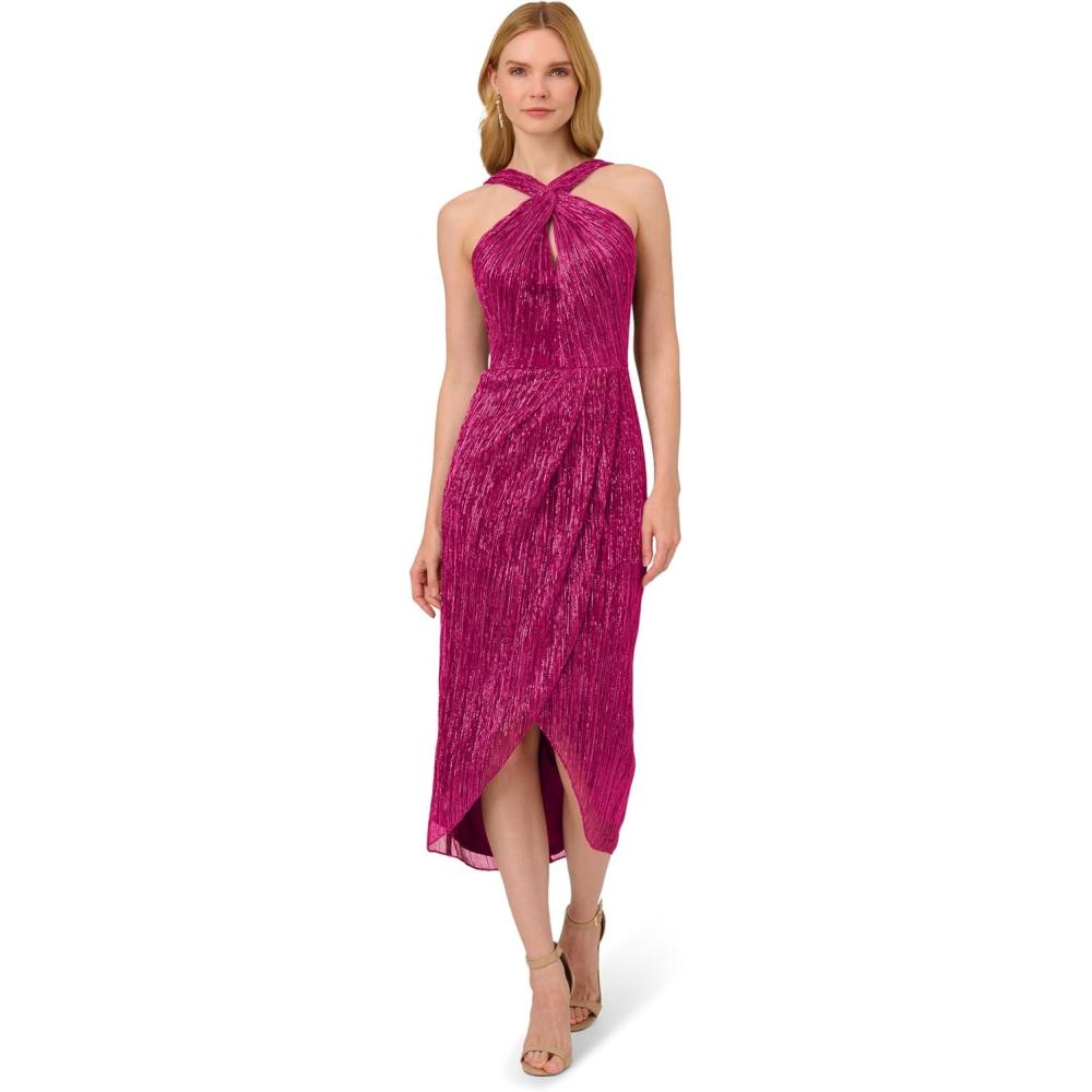 image:imageAdrianna Papell Womens Halter Crinkle Metallic DressMagenta