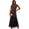 Adrianna Papell Womens Bead Mesh Godet Long Dress(Navy/Rosegold)