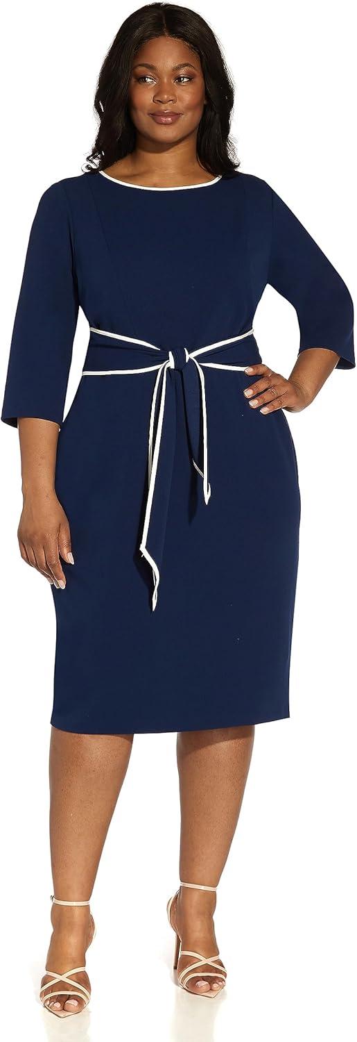 image:imageAdrianna Papell Tipped Crepe Tie DressNavy SateenIvory