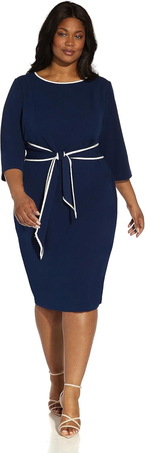 image:imageAdrianna Papell Tipped Crepe Tie DressNavy SateenIvory