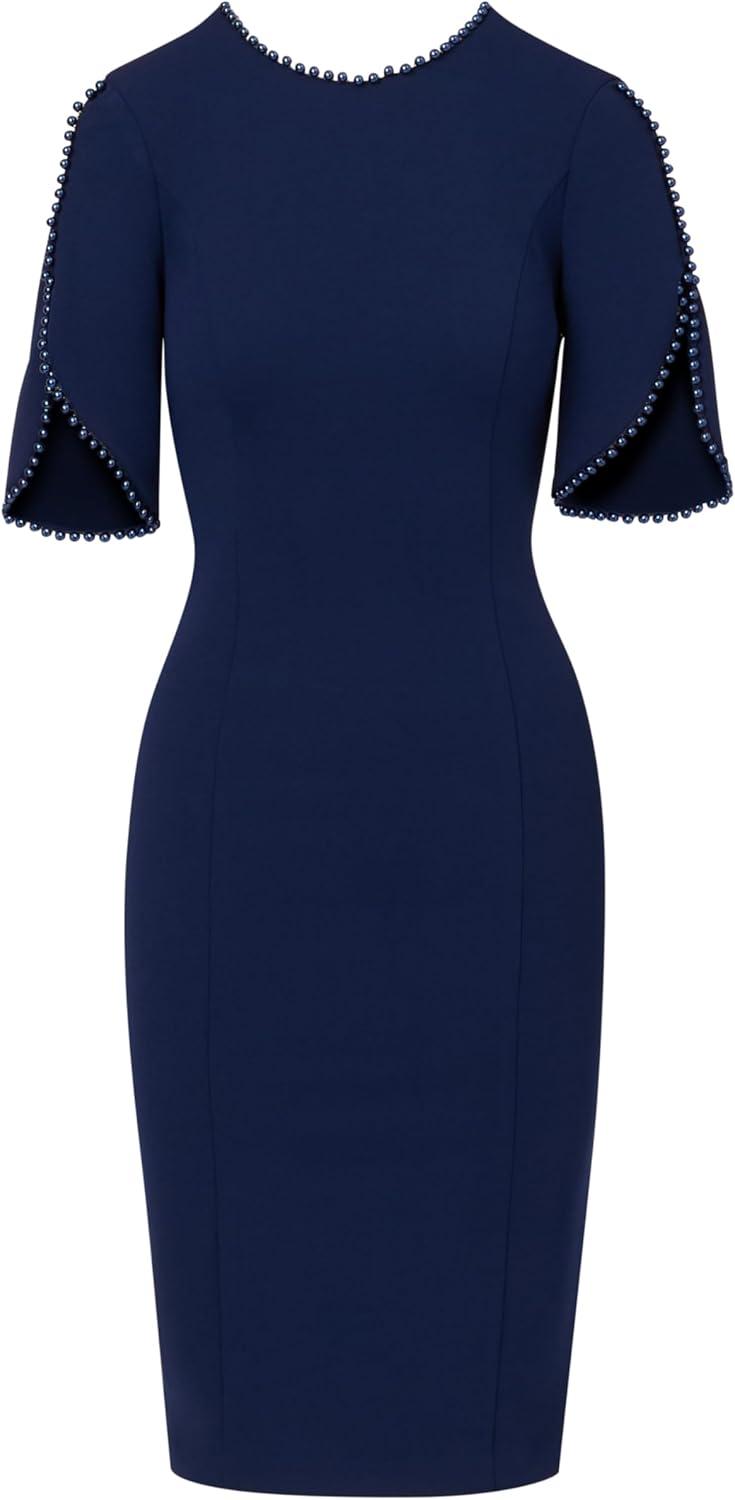 image:imageAdrianna Papell Womens Knit Crepe Pearl Midi Dress Knee Length Cocktail Dress with Pearl Trim amp Tailored FitNavy Sateen