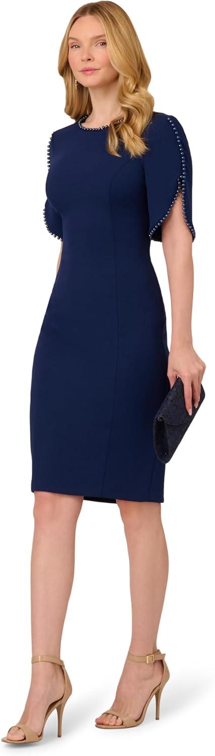image:imageAdrianna Papell Womens Knit Crepe Pearl Midi Dress Knee Length Cocktail Dress with Pearl Trim amp Tailored FitNavy Sateen