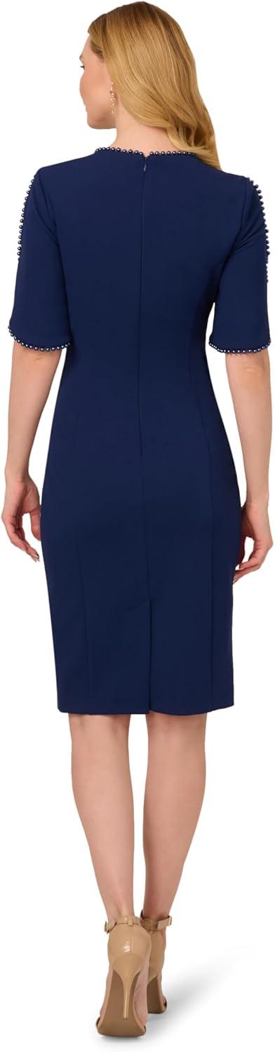 image:imageAdrianna Papell Womens Knit Crepe Pearl Midi Dress Knee Length Cocktail Dress with Pearl Trim amp Tailored FitNavy Sateen