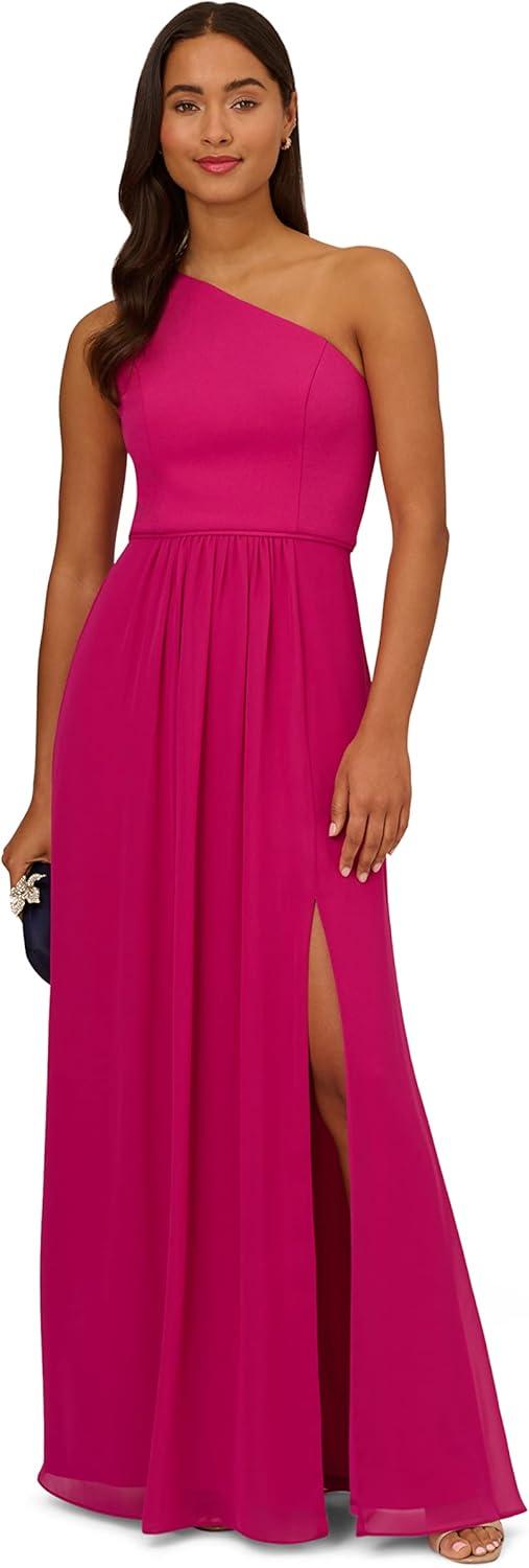 image:imageAdrianna Papell Womens One Shoulder Chiffon Gown Long Evening Gown with Pleated Skirt Fitted Bodice amp Side Leg Slit Bright Magenta 6
