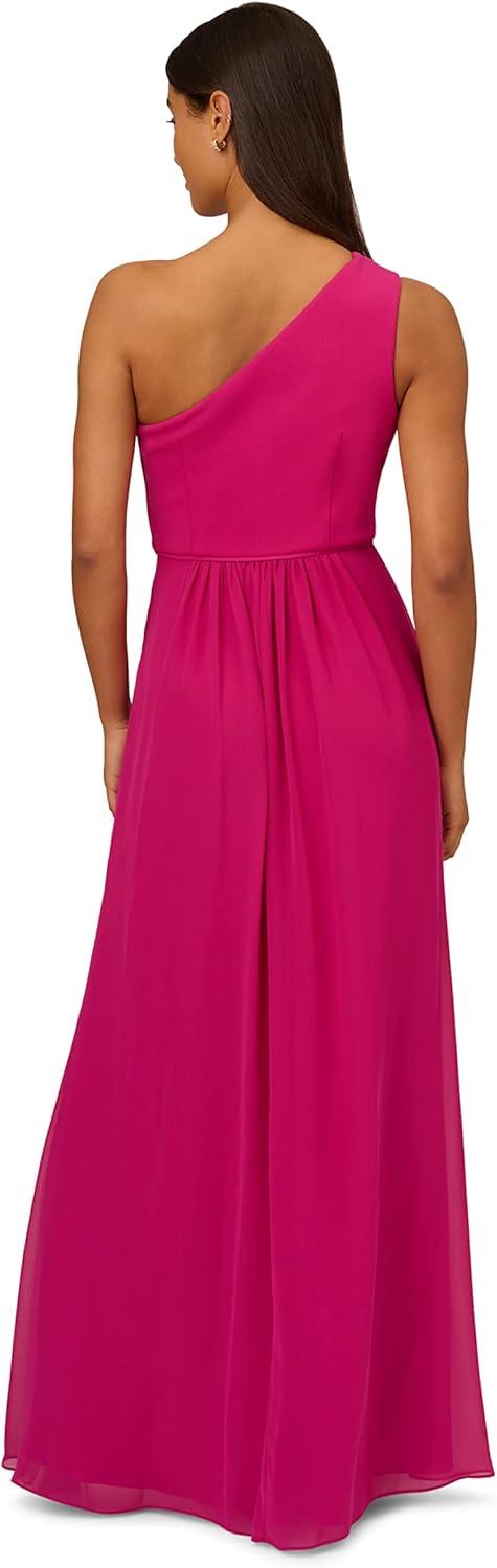 image:imageAdrianna Papell Womens One Shoulder Chiffon Gown Long Evening Gown with Pleated Skirt Fitted Bodice amp Side Leg Slit Bright Magenta 6