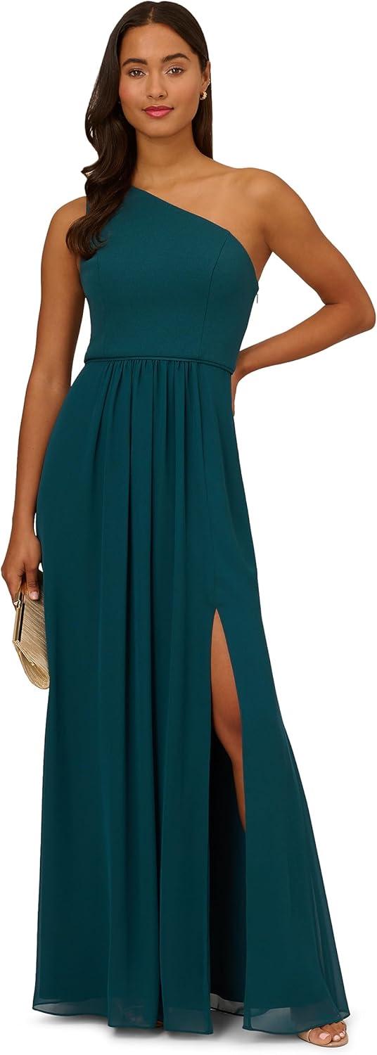 image:imageAdrianna Papell Womens One Shoulder Chiffon Gown Long Evening Gown with Pleated Skirt Fitted Bodice amp Side Leg Slit Hunter 14