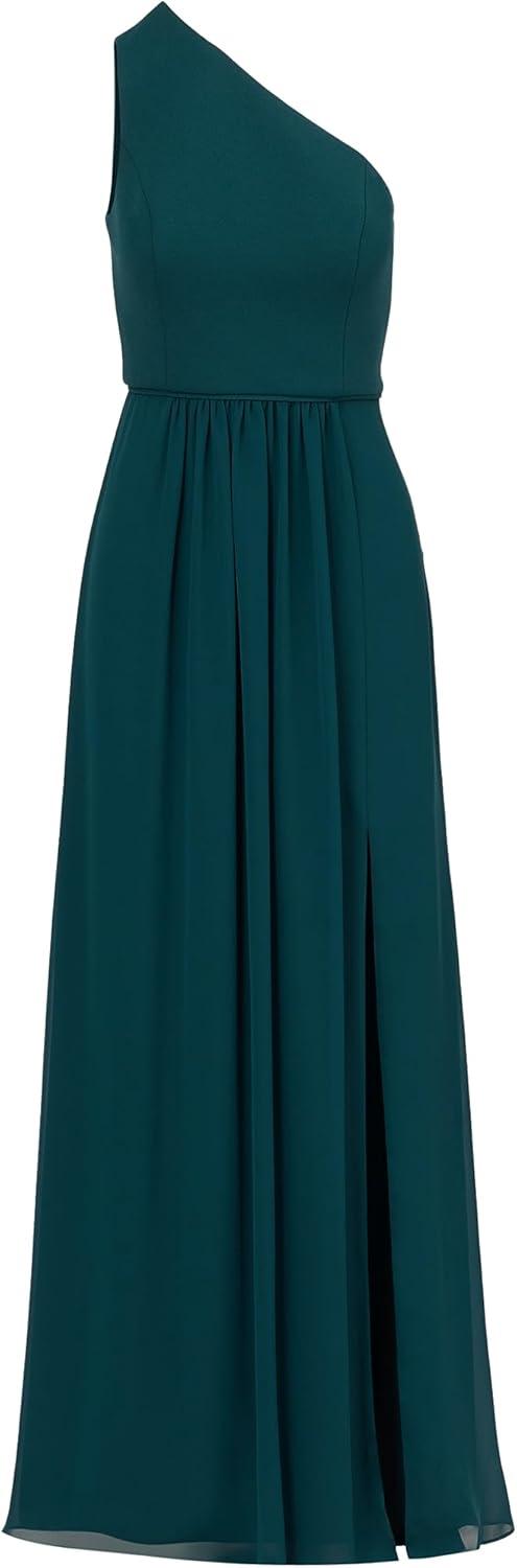 image:imageAdrianna Papell Womens One Shoulder Chiffon Gown Long Evening Gown with Pleated Skirt Fitted Bodice amp Side Leg Slit Hunter 14