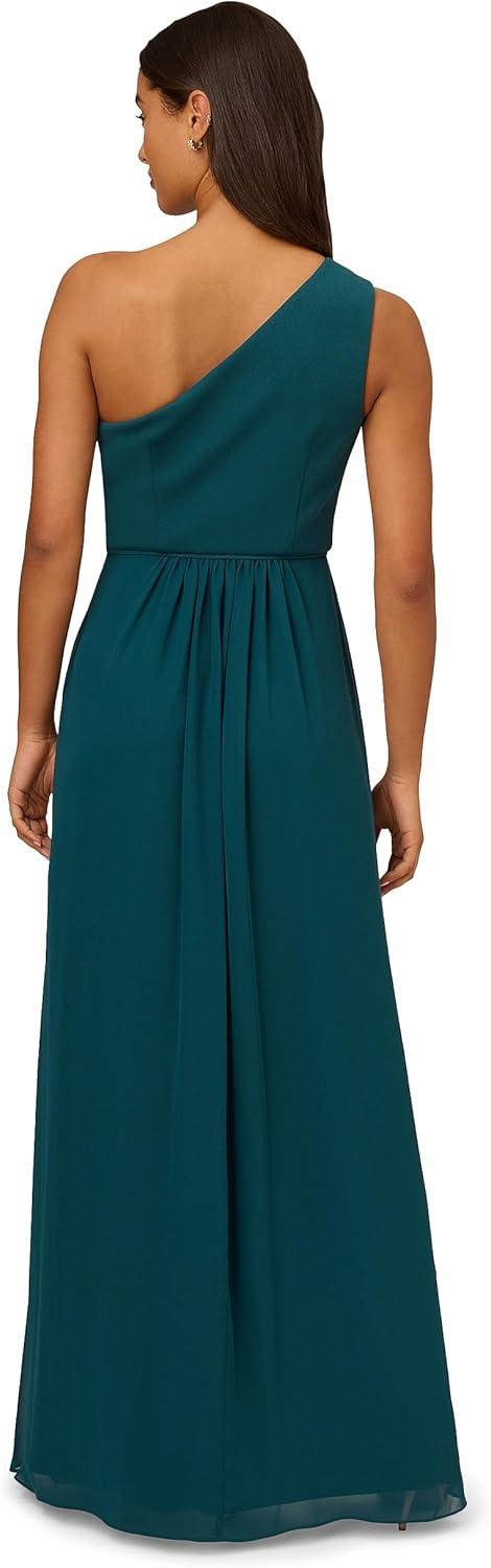image:imageAdrianna Papell Womens One Shoulder Chiffon Gown Long Evening Gown with Pleated Skirt Fitted Bodice amp Side Leg Slit Hunter 14