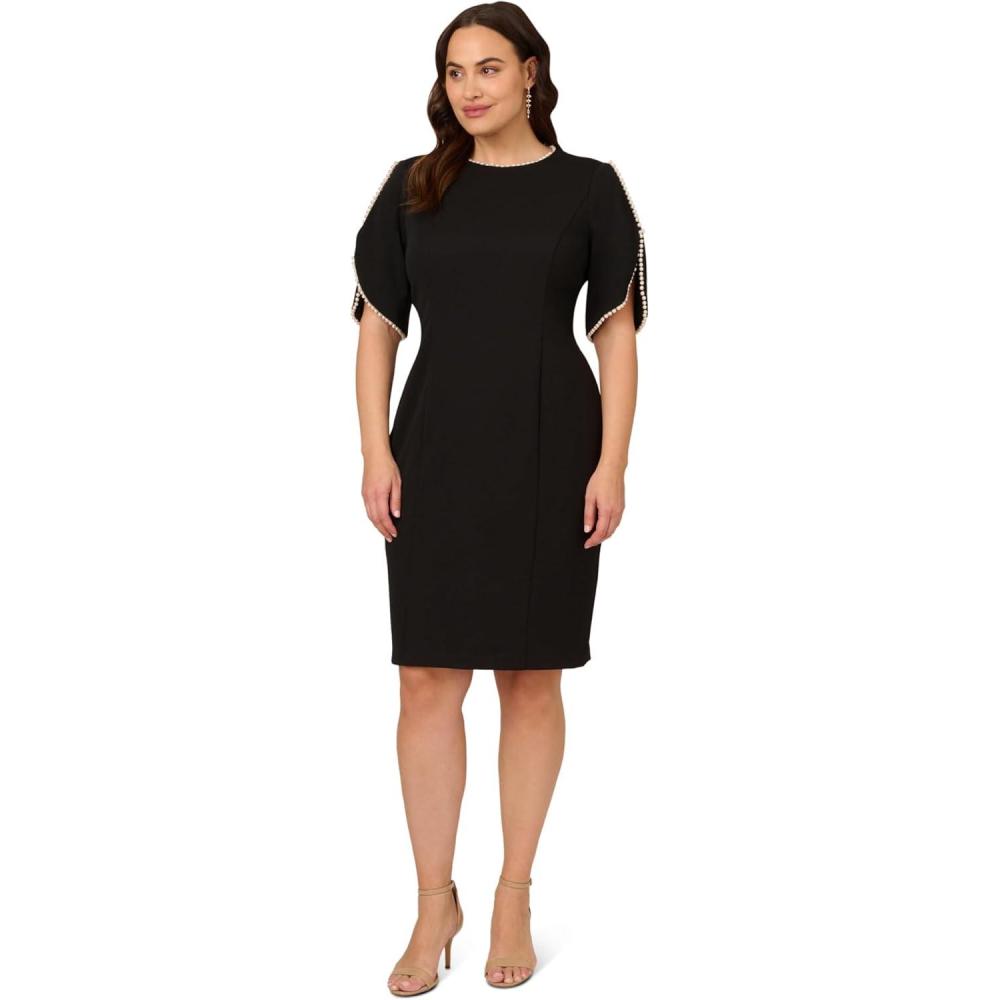 image:imageAdrianna Papell Womens Knit Crepe Pearl Midi Dress Knee Length Cocktail Dress with Pearl Trim amp Tailored FitBlack