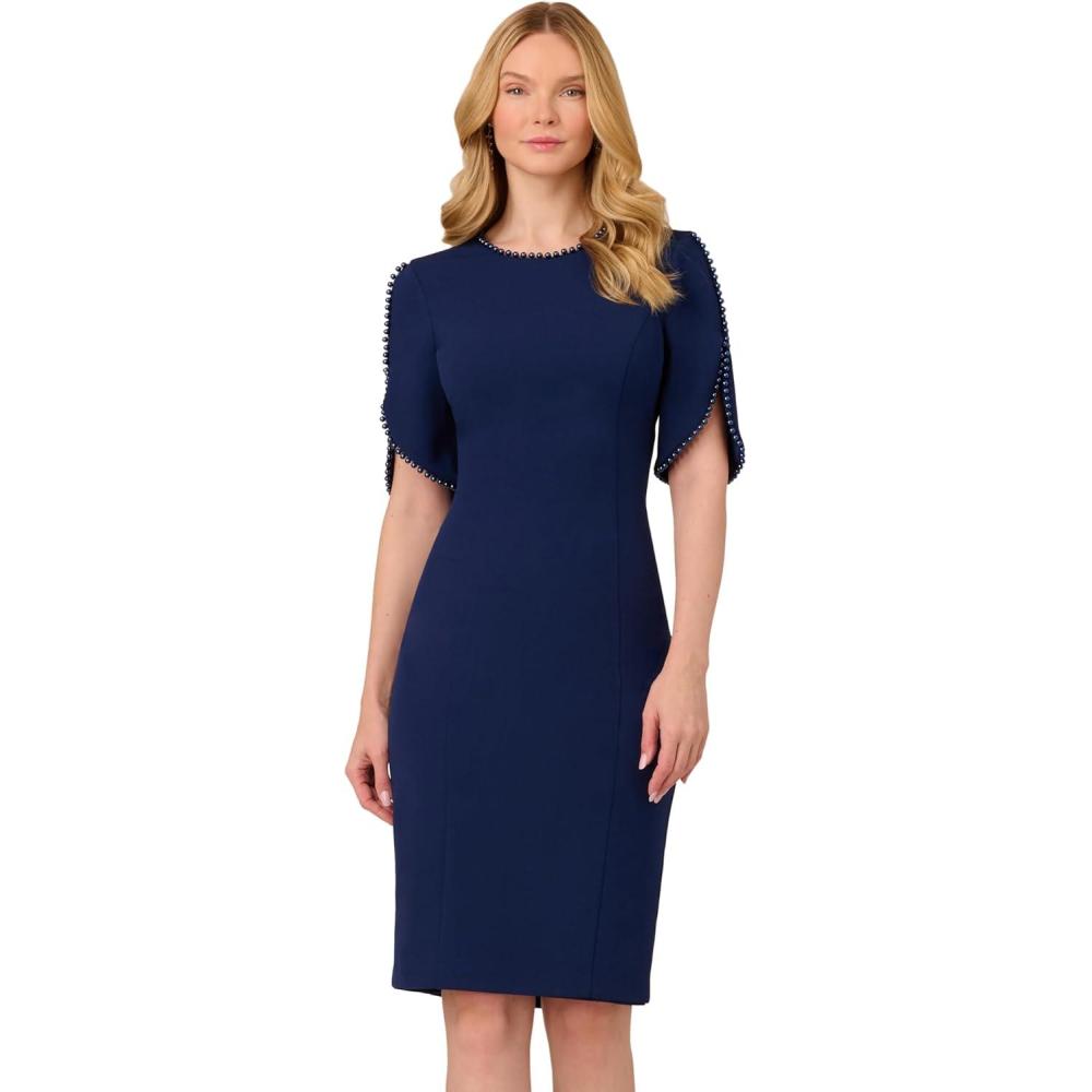 image:imageAdrianna Papell Womens Knit Crepe Pearl Midi Dress  Knee Length Cocktail Dress with Pearl Trim amp Tailored FitNavy Sateen