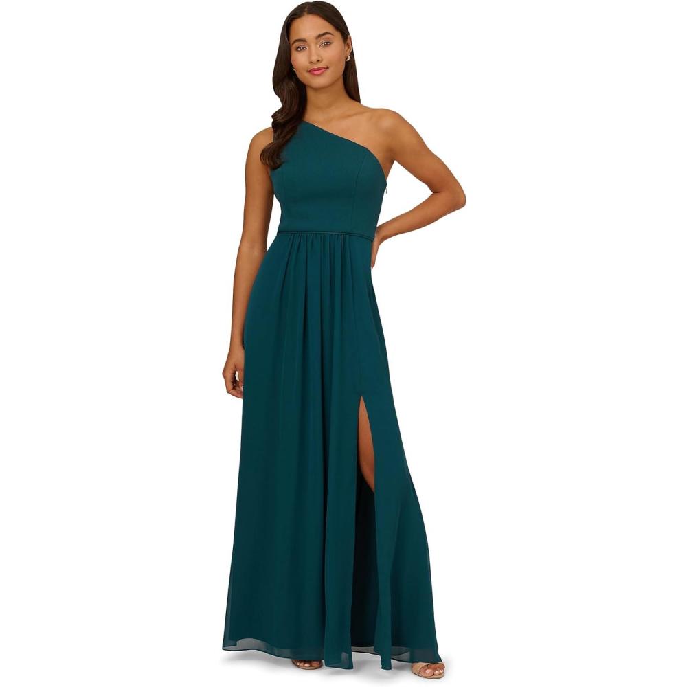 image:imageAdrianna Papell Womens One Shoulder Chiffon Gown  Long Evening Gown with Pleated Skirt Fitted Bodice amp Side Leg Slit Hunter 14