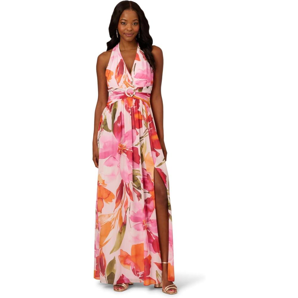 image:imageAdrianna Papell Womens Floral Chiffon Ring GownPinkOrange Multi