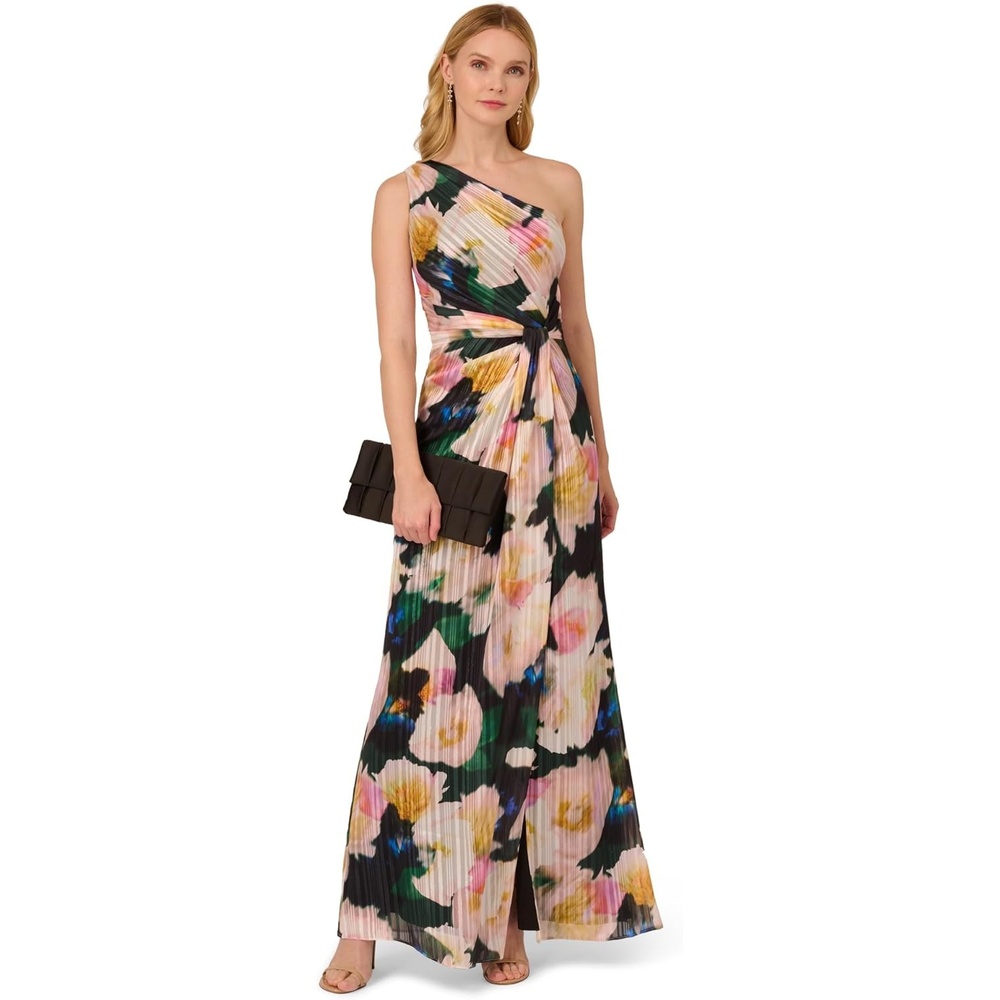 image:imageAdrianna Papell One Shoulder Chiffon GownBlackBlush Multi