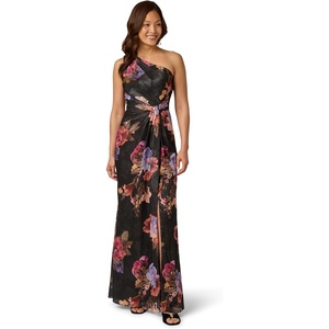 Adrianna Papell One Shoulder Chiffon Gown(Blk Multi)