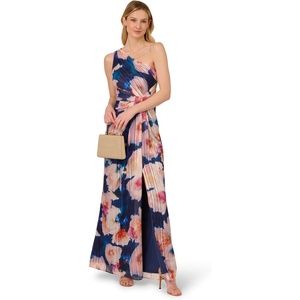 Adrianna Papell One Shoulder Chiffon Gown(Navy/Blush)